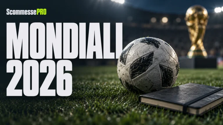 Un pallone, un quaderno e una coppa sullo sfondo per l’archivio Mondiali 2026.