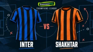 Maglie stilizzate di Inter e Shakhtar Donetsk su una lavagna tattica ScommessePRO