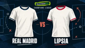 Maglie stilizzate di Real Madrid e Lipsia su una lavagna tattica ScommessePRO