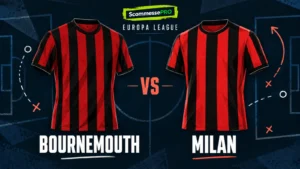 Maglie stilizzate di Bournemouth e Milan su una lavagna tattica ScommessePRO