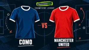 Maglie stilizzate di Como e Manchester United su una lavagna tattica ScommessePRO