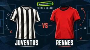 Maglie stilizzate di Juventus e Rennes su una lavagna tattica ScommessePRO